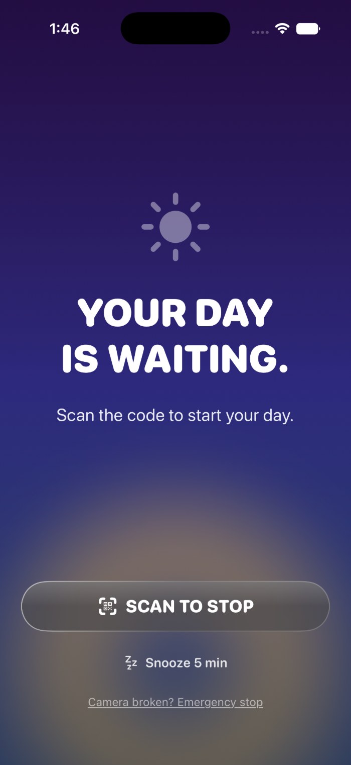 New Dawn lock screen reading YOUR DAY IS WAITING, with a Scan to Stop button
